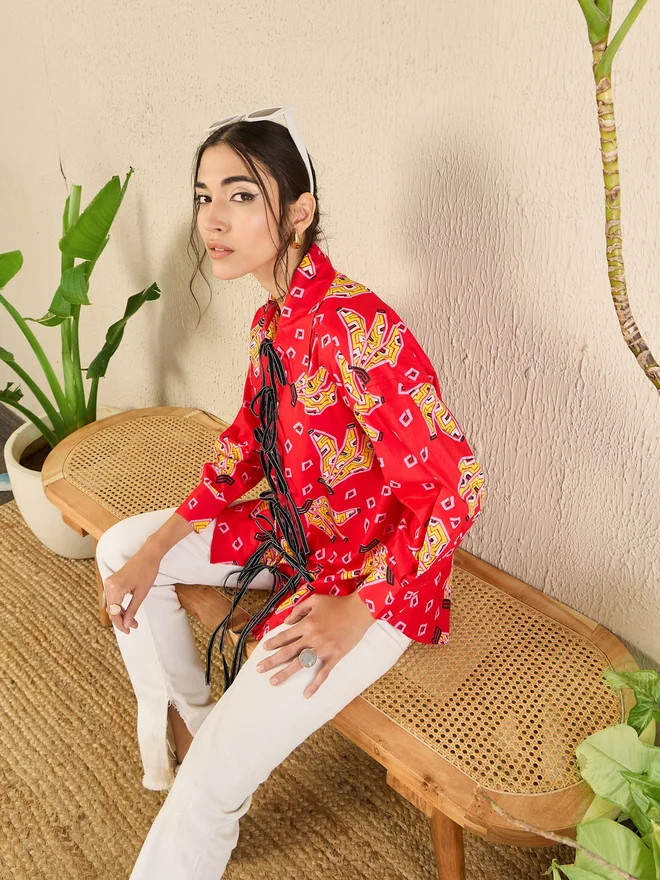 Uptownie Red All Over Print Front Tie-Up Longline Shirt
