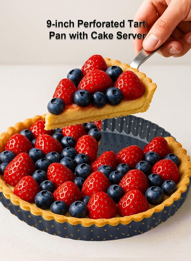 Yamteck 9 Inch Perforated Tart Pan for Crispy Crust w/Cake Server. Removable Bottom, Non-Stick Coating, Rugged Carbon Steel for Tart Quiche Pie Baking. Gift for Christmas Thanksgiving Party - Image 4