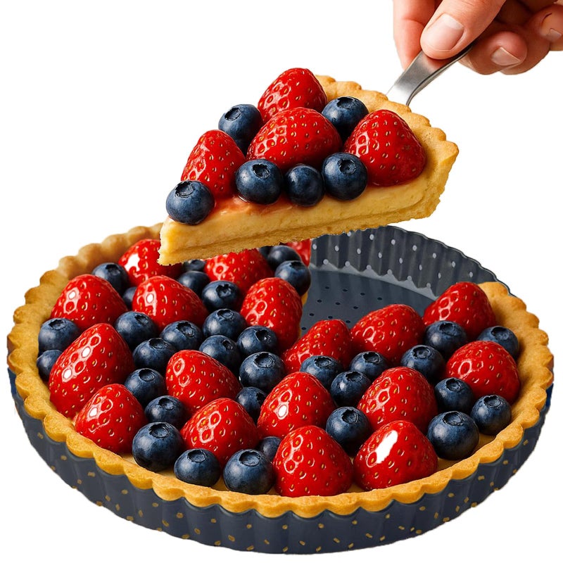 Yamteck 9 Inch Perforated Tart Pan for Crispy Crust w/Cake Server. Removable Bottom, Non-Stick Coating, Rugged Carbon Steel for Tart Quiche Pie Baking. Gift for Christmas Thanksgiving Party - Image 1