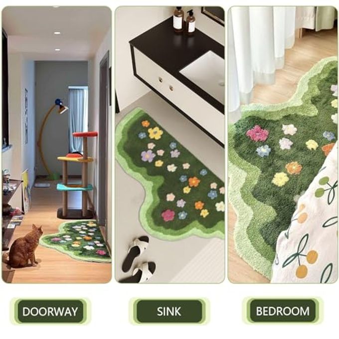 Funvalley Surperfect Cute Garden Flower Moss Rug for Bedroom, Lovely Green Moss Carpet Living Room, Irregular Flower Pattern Non Slip Water Absorbent Modern Aesthetic Soft Microfiber Decorative Carpet(19.68x31.5 Inches) - Image 2