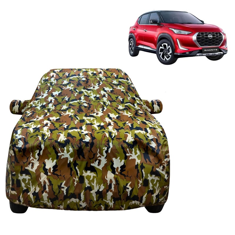 VYAS 100% Waterproof Car Body Cover for Nisaan Magnite (2020-2025) with Mirror Pocket Triple Stitched Belt & Buckle Fitting Dual Elastic, Durable Material Jungle Print Camouflage Design - Image 1