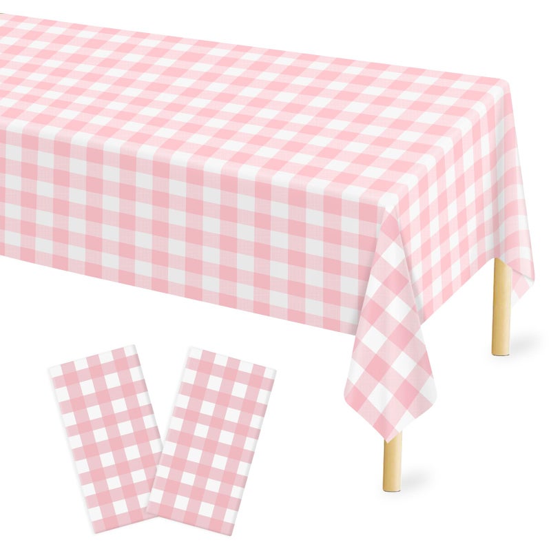 Mulbozy Pink Gingham Tablecloth 54 ? 108 Inches Pink and White Checkered Table Cloth Disposable Plastic Waterproof Tablecover for Outdoor Picnic  Holiday Dinner  Birthday Party - Image 1