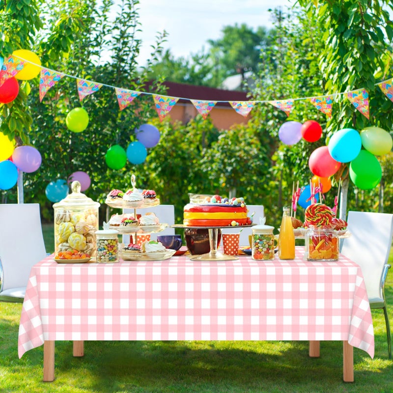 Mulbozy Pink Gingham Tablecloth 54 ? 108 Inches Pink and White Checkered Table Cloth Disposable Plastic Waterproof Tablecover for Outdoor Picnic  Holiday Dinner  Birthday Party - Image 2