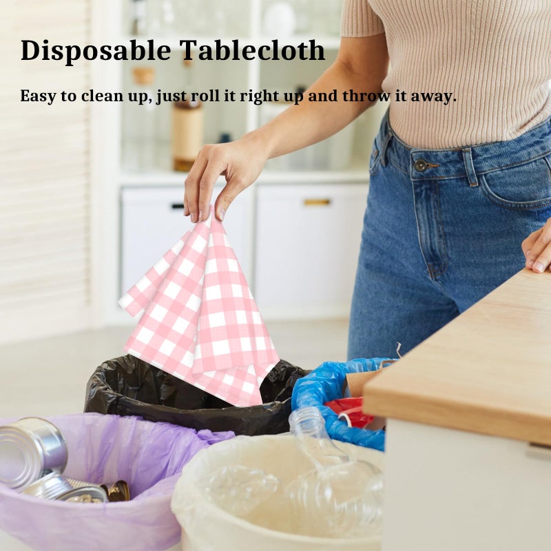 Mulbozy Pink Gingham Tablecloth 54 ? 108 Inches Pink and White Checkered Table Cloth Disposable Plastic Waterproof Tablecover for Outdoor Picnic  Holiday Dinner  Birthday Party - Image 5