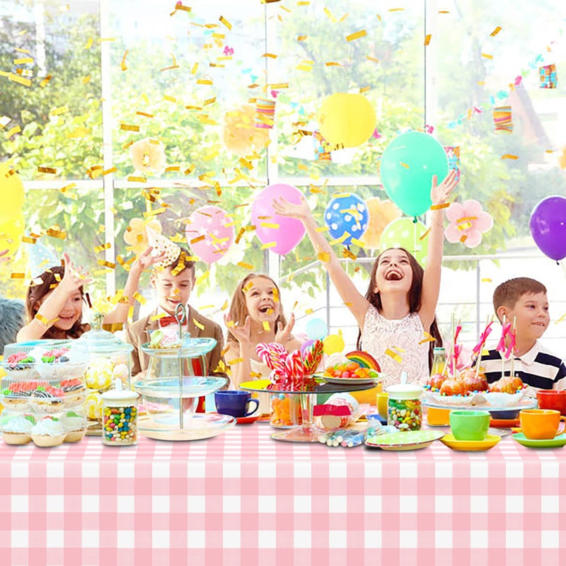 Mulbozy Pink Gingham Tablecloth 54 ? 108 Inches Pink and White Checkered Table Cloth Disposable Plastic Waterproof Tablecover for Outdoor Picnic  Holiday Dinner  Birthday Party - Image 4