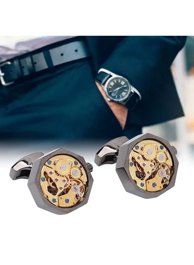ZJchao - Mens Cufflinks 2Pcs Cuff Links Watch Movement Design Silver Black Fadeless Brass Polished Surface Cuff Links For Men Mens Shirt Vintage Gears Watch Cuff Links Business Wedding Gifts With Gift Box - Image 1
