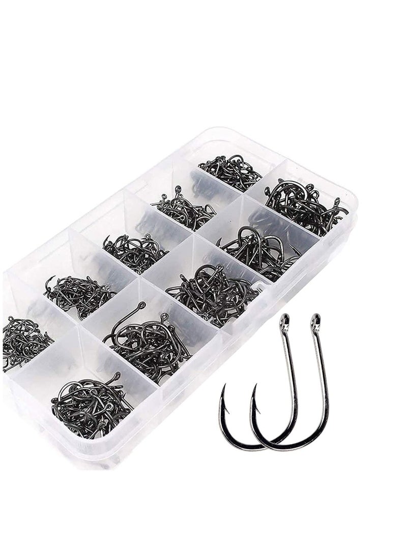 SYOSI 500pcs Fishing Hooks Carbon Steel Barbed Fishing Hooks Eyed Sea Fish Hooks Carp Fishing Tackle Carp Circle Hooks for Saltwater Freshwater Fishing Accessories, No.3-No.12, 10 Sizes with Compartment Box  - Image 1