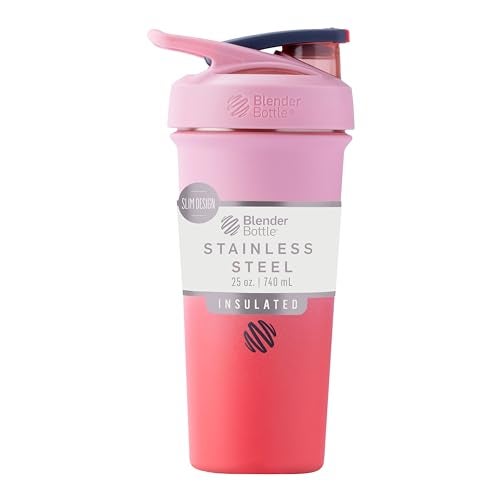 BlenderBottle Sport Sleek Insulated Stainless Steel Shaker Bottle with Wire Whisk 25Ounce Flamingo Ombre Protein Shakes Hydration for Athletes Fitness Enthusiasts Easy Mixing Slim Easy to Hold Keeps Drinks Cold Lockable Lid