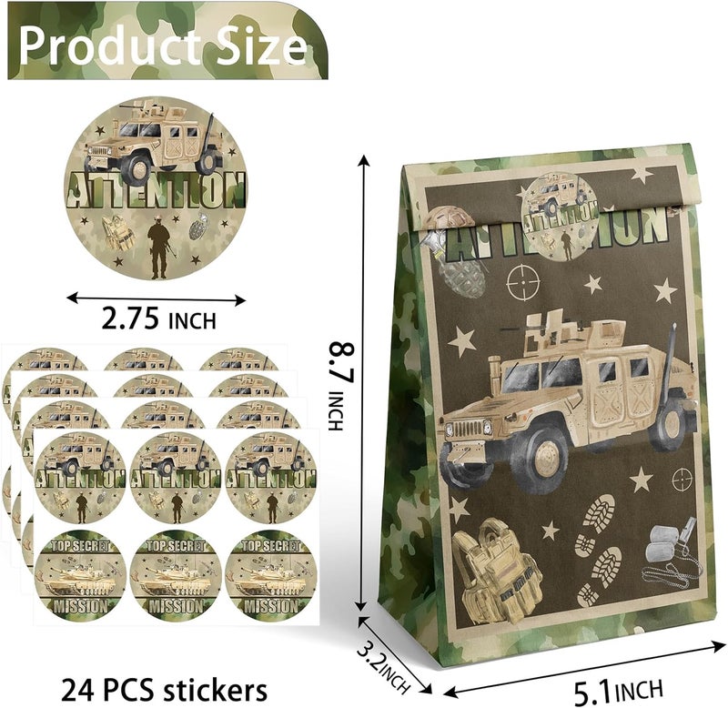 Outego Army Party Favor Bags – 24 Pcs Camouflage Gift Bags with 4 Designs, Military Party Supplies for Kids Birthday Decorations and Tough Mission Theme Goodie Bags - Image 3