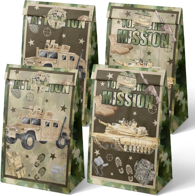 Outego Army Party Favor Bags – 24 Pcs Camouflage Gift Bags with 4 Designs, Military Party Supplies for Kids Birthday Decorations and Tough Mission Theme Goodie Bags - Image 1