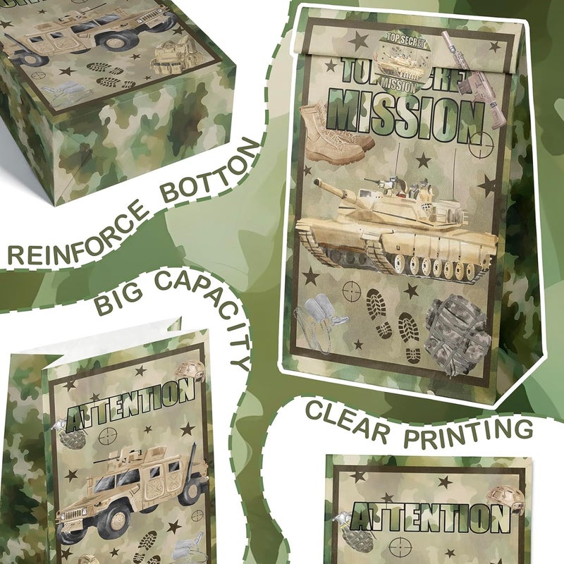Outego Army Party Favor Bags – 24 Pcs Camouflage Gift Bags with 4 Designs, Military Party Supplies for Kids Birthday Decorations and Tough Mission Theme Goodie Bags - Image 5