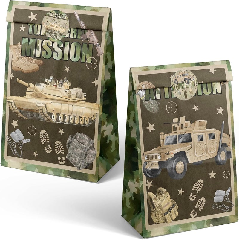 Outego Army Party Favor Bags – 24 Pcs Camouflage Gift Bags with 4 Designs, Military Party Supplies for Kids Birthday Decorations and Tough Mission Theme Goodie Bags - Image 2