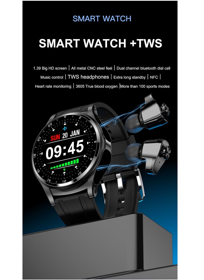 AROAQ - GT66 Smart Watch with TWS Earphones NFC Music Control 1.39 HD Screen Bluetooth Call Healthy Monitoring 100+ Sports Modes - Image 1