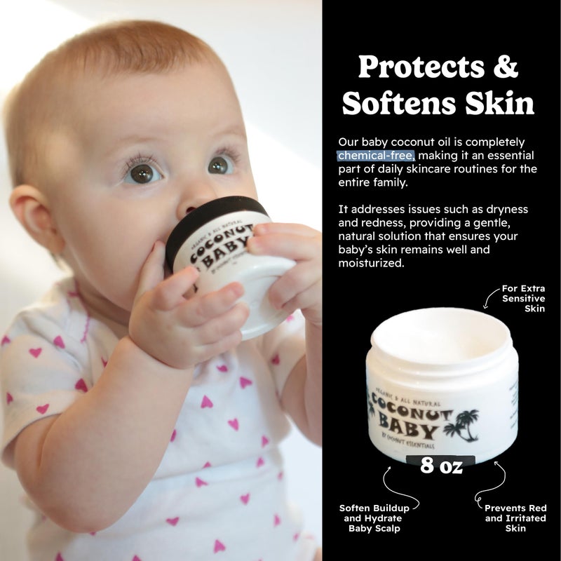Coconut Essentials COCONUT BABY Oil, Natural & Organic Moisturizer for Newborn Sensitive Skin, Eczema & Psoriasis Relief, Hair Oil for Cradle Cap Treatment, Unscented, Sunflower & Grape Seed 8 fl oz - Image 2
