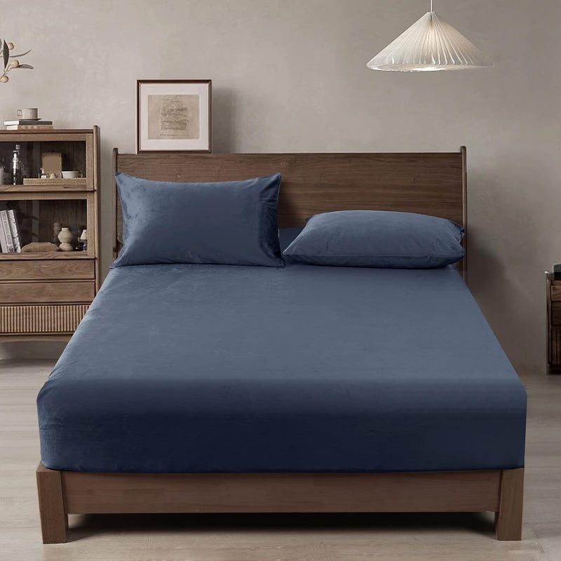 PHF Truly Velvet Fitted Sheet King Size (200cm x 200cm), Luxury Super Soft Cozy Comfy Bed Sheets with 40cm' Deep Pocket, Suitable for Fall Winter and Spring, No Pillowcases, Blue Greyish color - Image 1