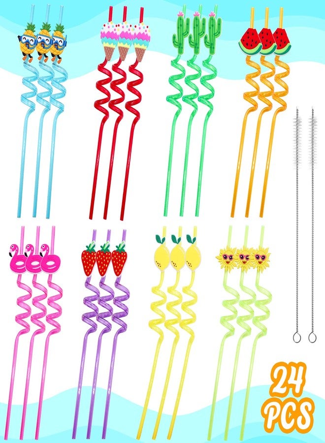 Omlisca Summer Reusable Drinking Straws 24 Packs Pool Party Decorations Beach Fruit Party Favors Hawaiian Tropical Straws Goodie Bag Gifts for Birthday Party Supplies with 2 Cleaning Brushes - Image 2