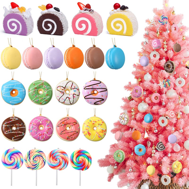 Unittype 22 Pcs Candy Christmas Tree Ornaments Set Donuts Lollipops Macaroon Cake Dessert Hanging Decoration Cute Candy Theme Christmas Tree Ornaments Xmas Home Hanging Charms Pendants Accessories - Image 2