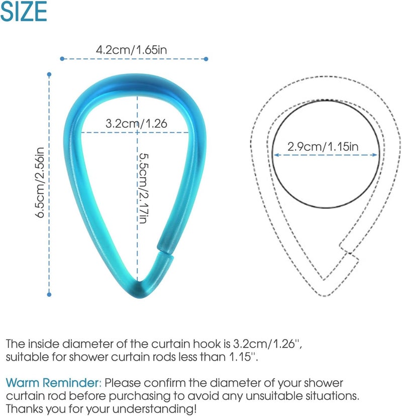 Topspring Aqua Blue Plastic Shower Curtain Hooks Rings - 12 Pcs Drop Shaped Shower Hooks for Curtain Bathroom Shower Rod - Image 4