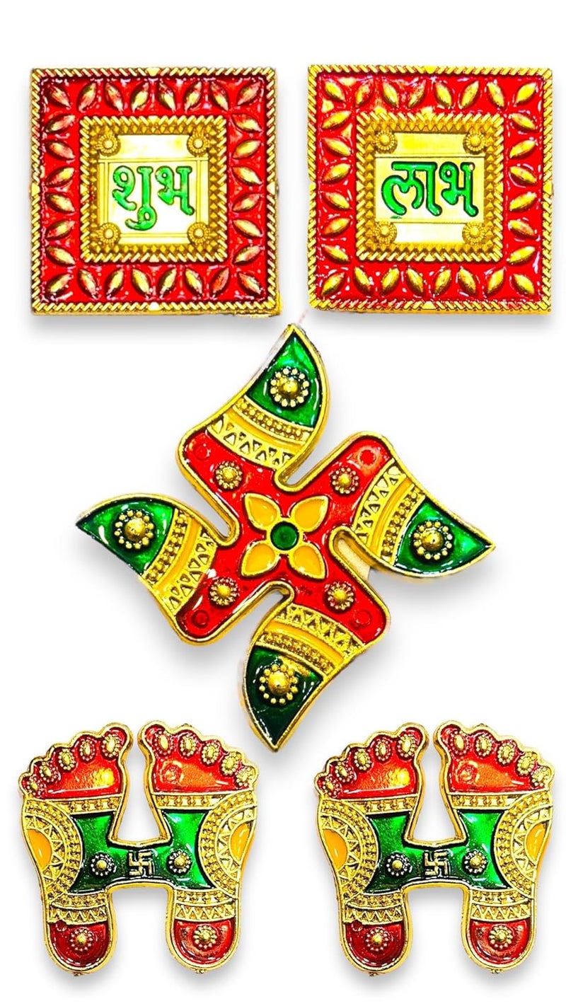 PATWA TRADERS Multicolour Acrylic Shubh Labh Laxmi Feet Swastik Sticker for Wall Decoration Diwali Decoration PATWA TRADERS Pack of 5 Yellow RED 