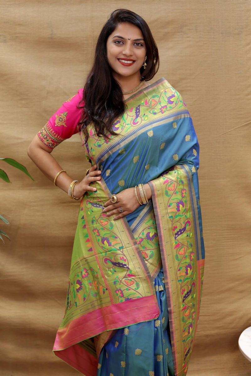 AMIRAT Women's Paithani Silk Woven Zari Saree With Blouse Piece (Teal) - Image 3