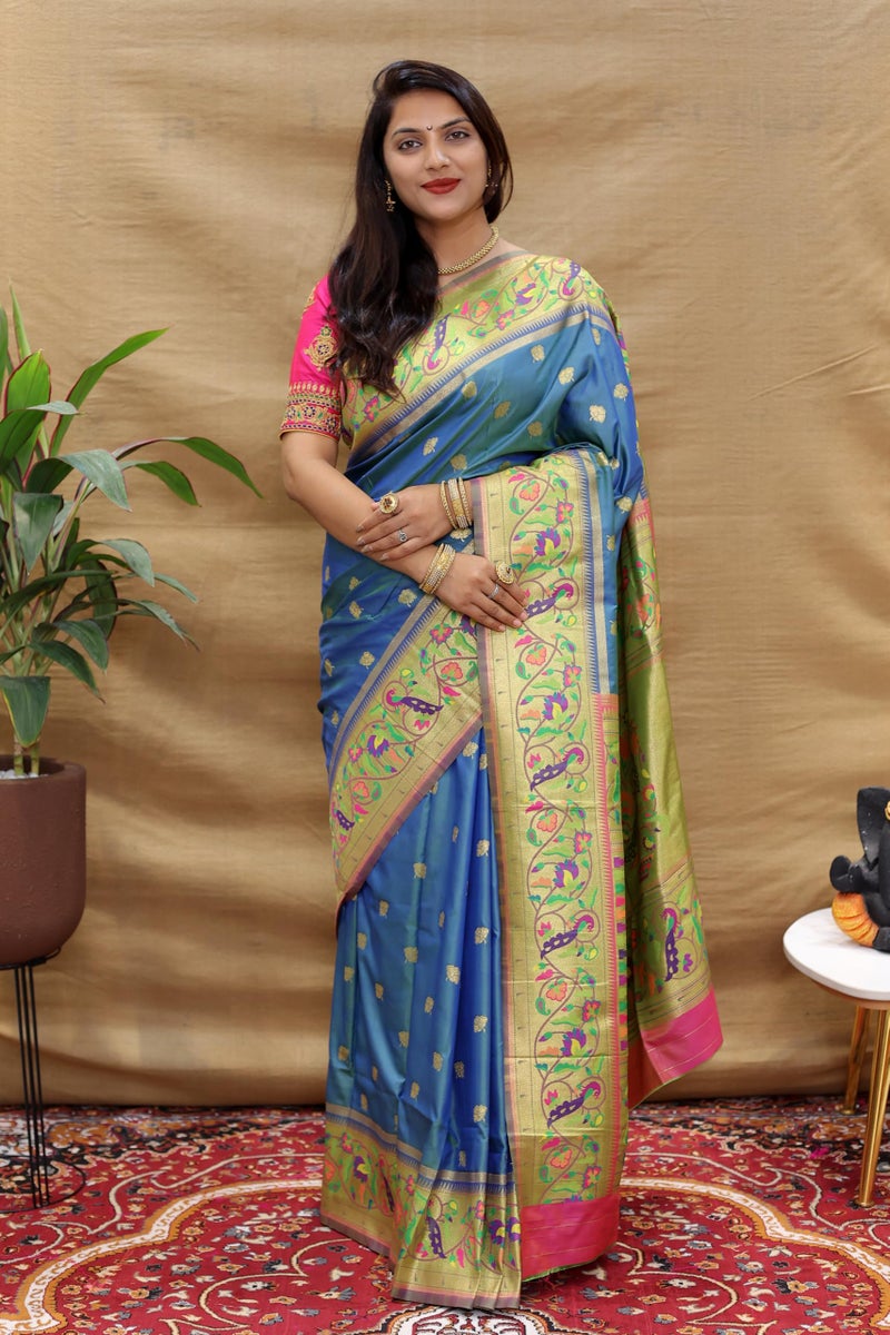 AMIRAT Women's Paithani Silk Woven Zari Saree With Blouse Piece (Teal) - Image 2