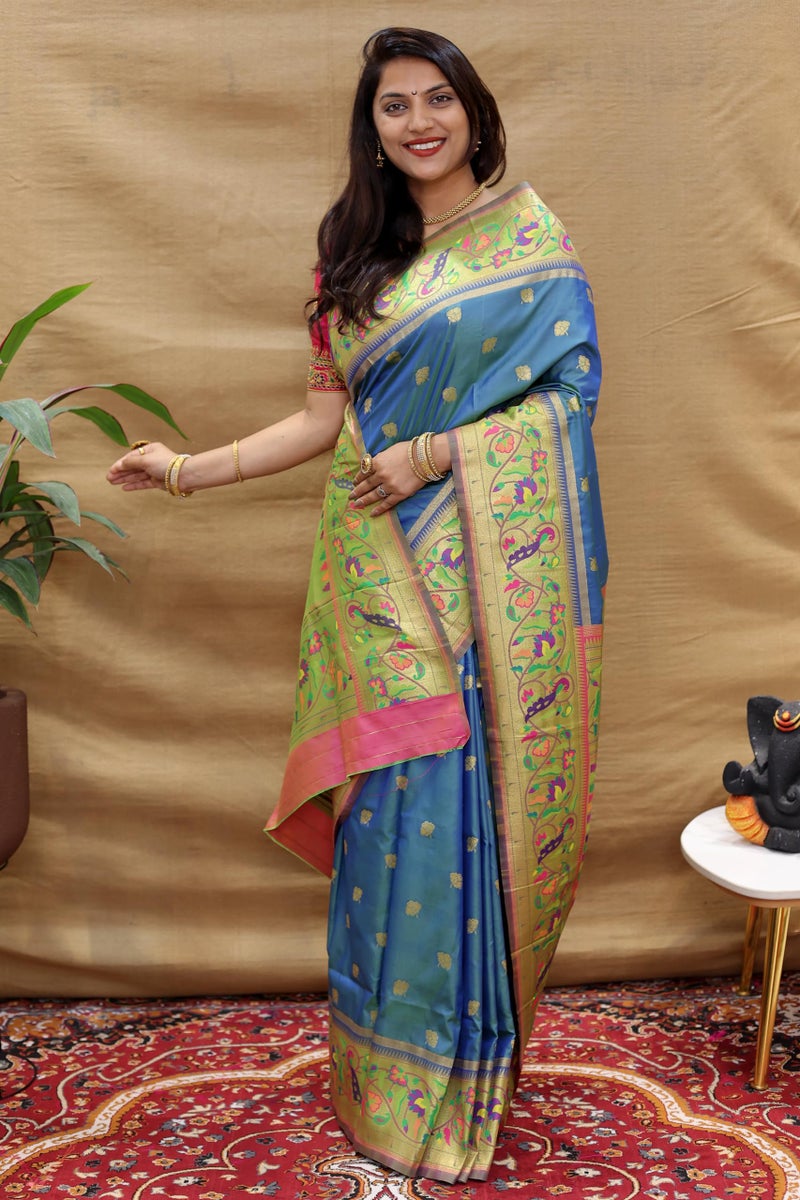 AMIRAT Women's Paithani Silk Woven Zari Saree With Blouse Piece (Teal) - Image 4