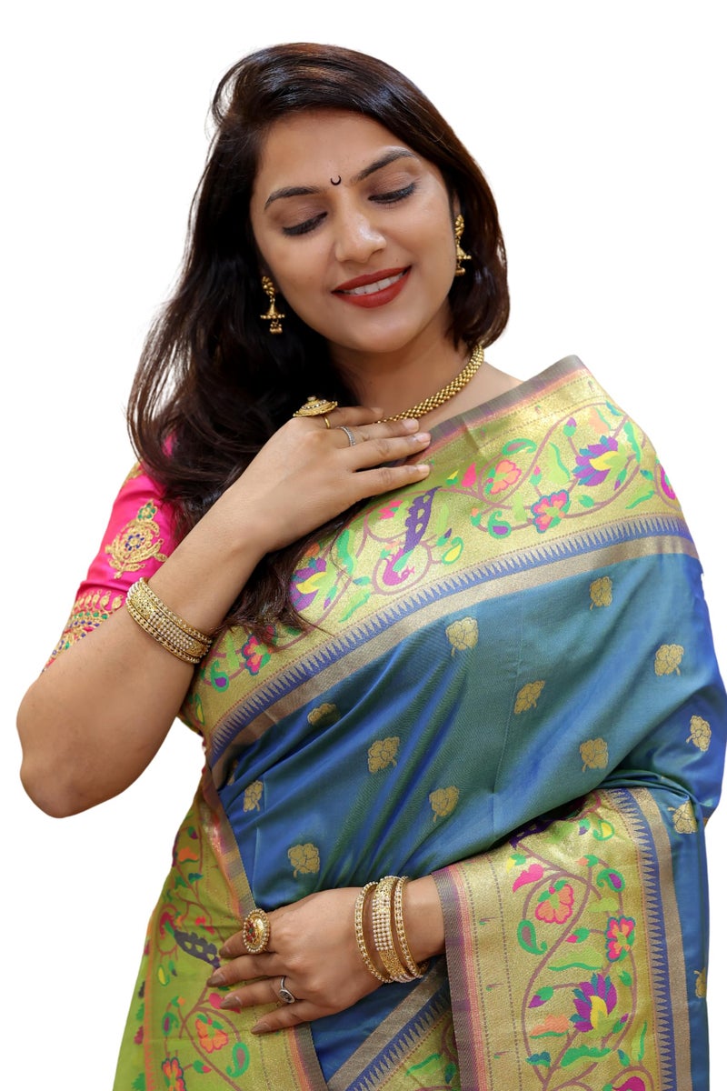 AMIRAT Women's Paithani Silk Woven Zari Saree With Blouse Piece (Teal) - Image 5