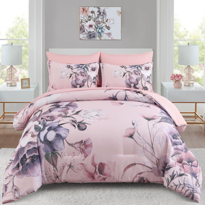 Luxudecor طقم لحاف فاخر مزين بالزهور، مقاس كوين، 7 قطع، لون وردي فاتح، طقم سرير أنيق لجميع الفصول (وردي فاتح، 90 بوصة × 90 بوصة). - Image 1