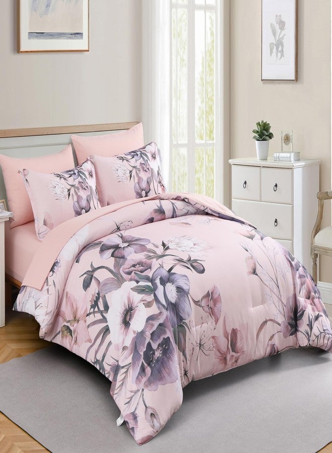 Luxudecor طقم لحاف فاخر مزين بالزهور، مقاس كوين، 7 قطع، لون وردي فاتح، طقم سرير أنيق لجميع الفصول (وردي فاتح، 90 بوصة × 90 بوصة). - Image 2