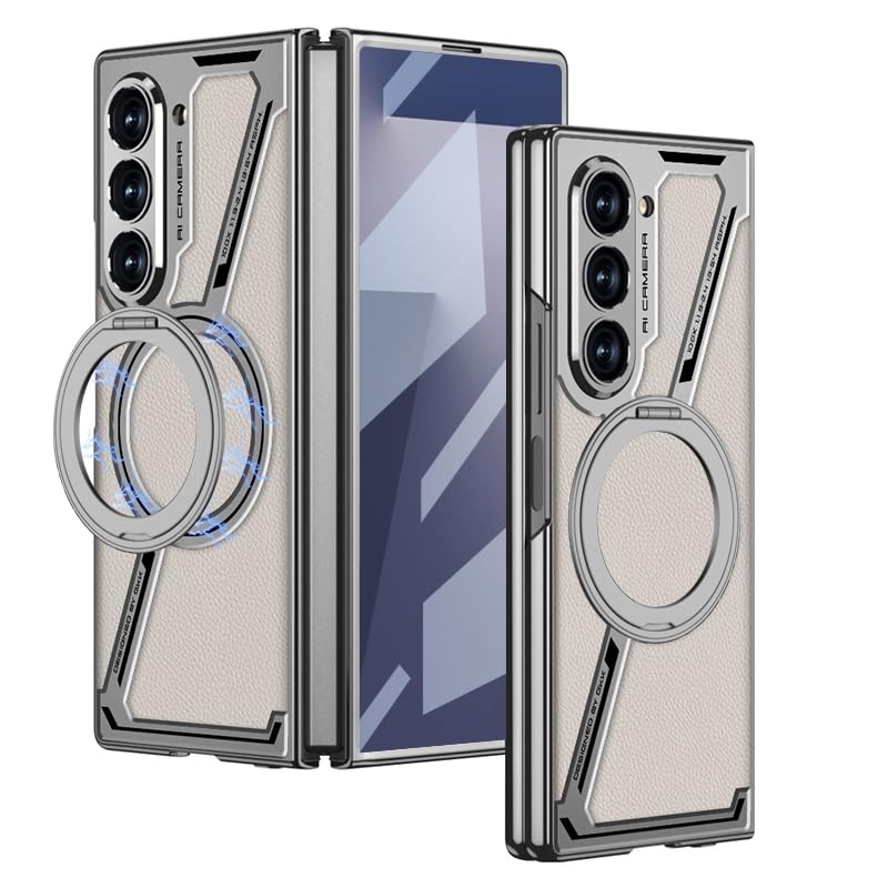 Midkart Leather Case Compatible with Samsung Galaxy Z Fold 6 and Compatible with Magsafe Charging Rotating Ring Kickstand Front Glass Cover Electroplated & Camera Protection, Beige - Image 1