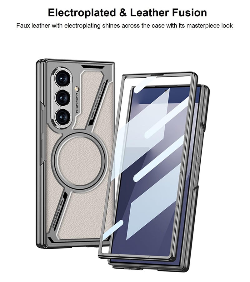 Midkart Leather Case Compatible with Samsung Galaxy Z Fold 6 and Compatible with Magsafe Charging Rotating Ring Kickstand Front Glass Cover Electroplated & Camera Protection, Beige - Image 3