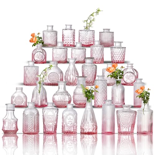Ulodimi Glass Bud Vase Set of 30 - Small Vases for Flowers in Bulk - Assorted Vintage Crystal Vases for Flowers, Table Centerpieces (Pink, 30 Pcs) - Image 1