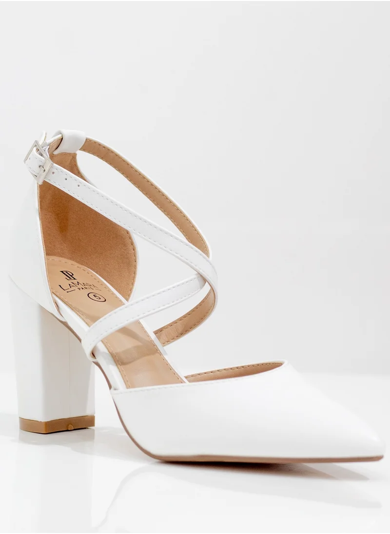 LAMARAPARIS Femi cross-belts open wais 8.5cm block heel white