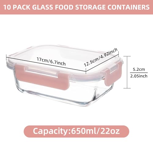 HAKEEMI 10 Pack 22 oz Glass Meal Prep Containers, Food Storage Containers with Lids, Airtight Leakproof Lunch Containers for Kitchen, Freezer, Microwave, Dishwasher Safe (Pink) - Image 2