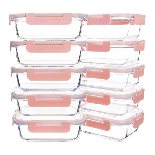 HAKEEMI 10 Pack 22 oz Glass Meal Prep Containers, Food Storage Containers with Lids, Airtight Leakproof Lunch Containers for Kitchen, Freezer, Microwave, Dishwasher Safe (Pink) - Image 1