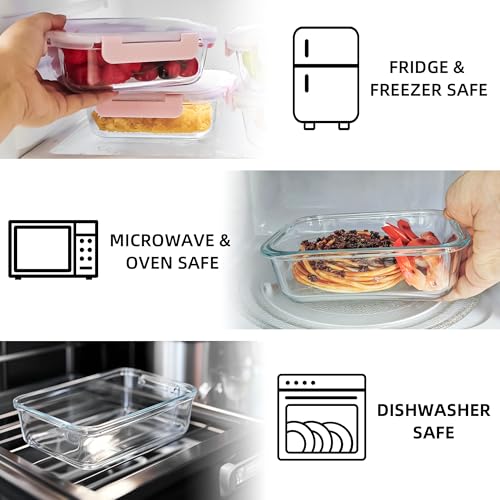 HAKEEMI 10 Pack 22 oz Glass Meal Prep Containers, Food Storage Containers with Lids, Airtight Leakproof Lunch Containers for Kitchen, Freezer, Microwave, Dishwasher Safe (Pink) - Image 4