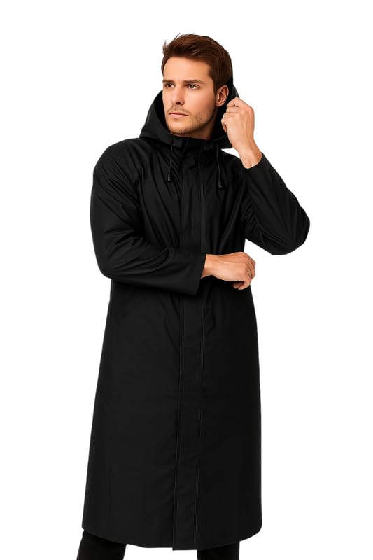 Krystle Men’s Full-Length Raincoat – Waterproof & Windproof Overcoat (Black,Large) - Image 3