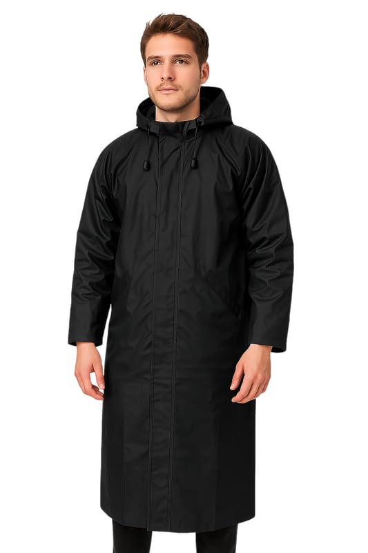Krystle Men’s Full-Length Raincoat – Waterproof & Windproof Overcoat (Black,Large) - Image 1
