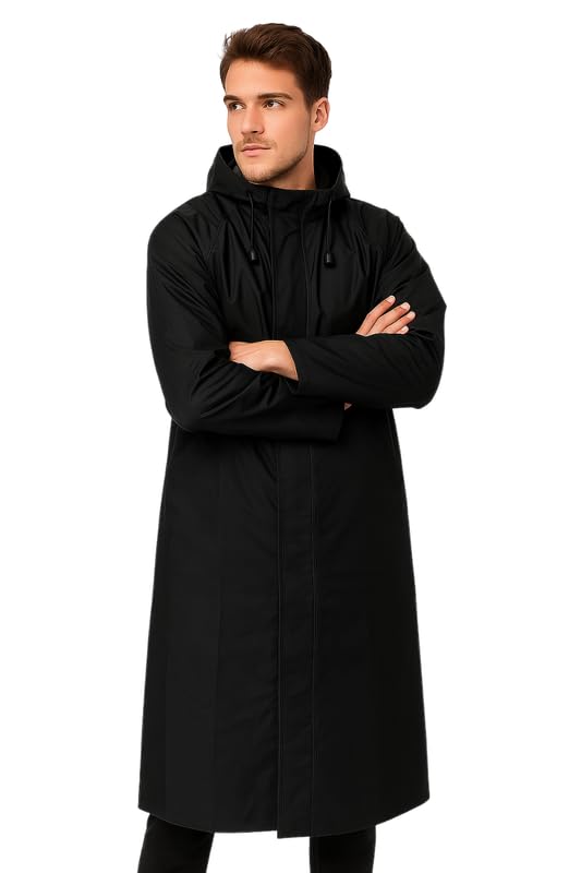 Krystle Men’s Full-Length Raincoat – Waterproof & Windproof Overcoat (Black,Large) - Image 2