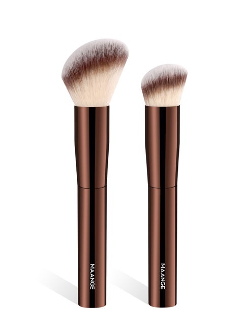 2Pcs Contour Brush - Densely Woven, Ergonomic & Resilient for Flawless Blending, for Liquid, Cream & Powder Cosmetics (Coffee Brown)