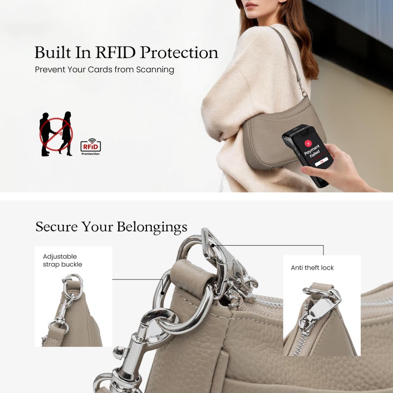 befen Anti Theft Genuine Leather Purse for Women Designer Crossbody Bag Trendy Hobo Bag with RFID Blocking Soft Leather Purse Travel Womens Handbag Shoulder with 2 Detachable Straps, Taupe Gray - Image 2
