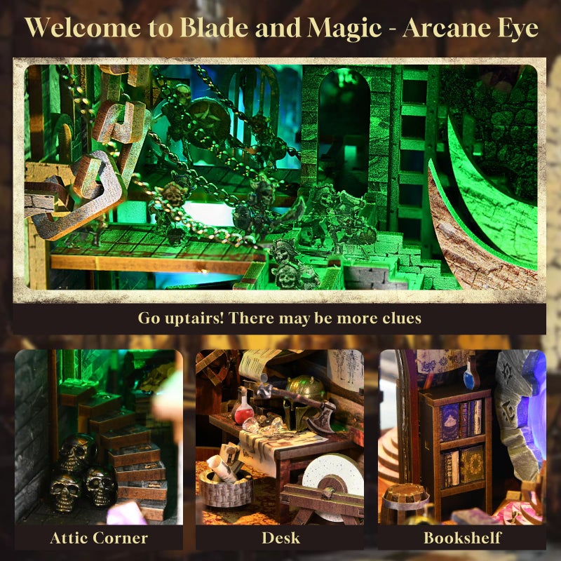 MiniCity Book Nook Kit, DIY Miniature Dollhouse Booknook Kit, 3D Wooden Puzzle Bookend Bookshelf Insert Decor with LED Light for Teens and Adults (Blade and Magic) - Image 5