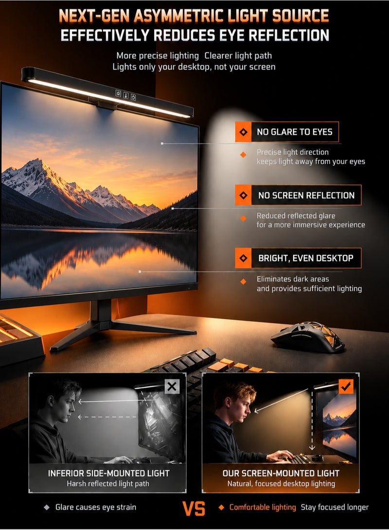 AOR Esports Computer screen light, USB powered computer monitor laptop light, suitable for office/home/gaming/desktop, touch, 5-level color and brightness, stepless dimming, Type-C port, black ABS, work/study LED desk lamp 14.17 inches (360MM) - Image 4