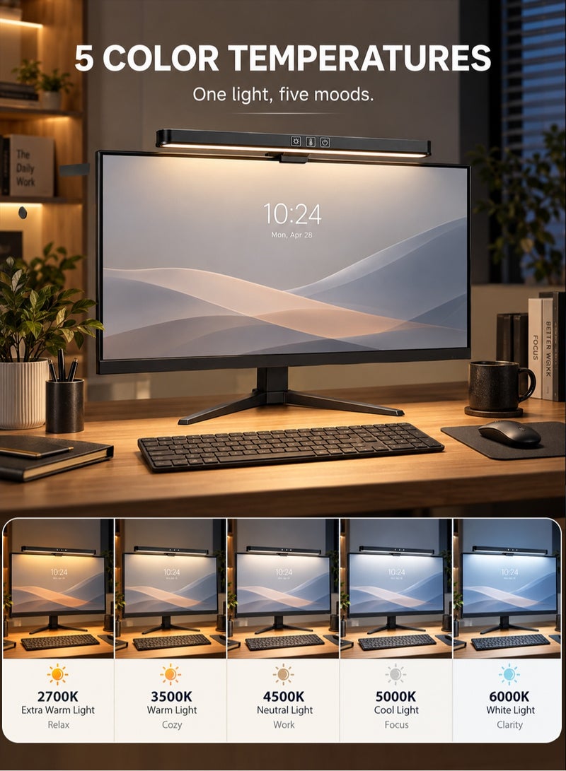 AOR Esports Computer screen light, USB powered computer monitor laptop light, suitable for office/home/gaming/desktop, touch, 5-level color and brightness, stepless dimming, Type-C port, black ABS, work/study LED desk lamp 14.17 inches (360MM) - Image 3