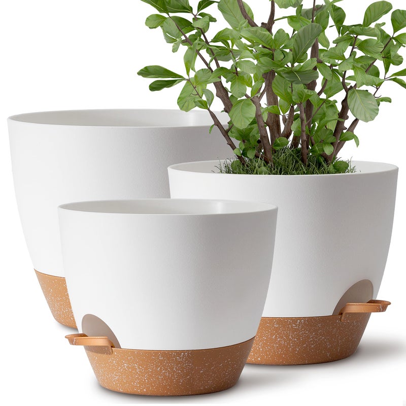 TYMENSH Plant Pots 12/10/9 inch Set of 3, Self Watering Flower Pots Indoor Outdoor, Planters with Drainage Hole Saucer Reservoir, White - Image 1