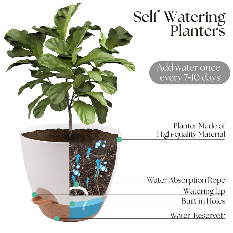 TYMENSH Plant Pots 12/10/9 inch Set of 3, Self Watering Flower Pots Indoor Outdoor, Planters with Drainage Hole Saucer Reservoir, White - Image 4