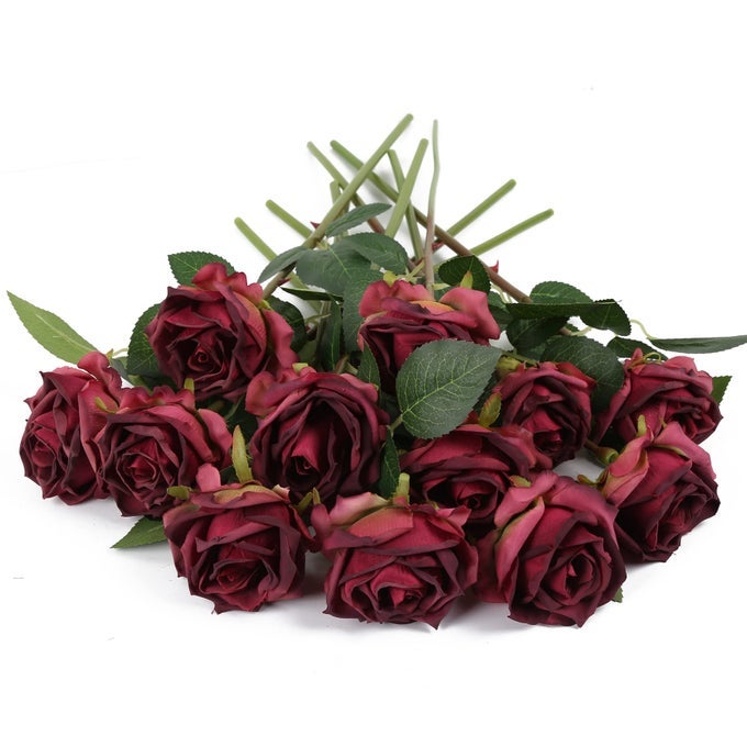 BURGUNDY ROSES ARTIFICIAL FLOWERS 12PCS ROSES FLOWERS HEADS DRIED SILK FLOWERS BURGUNDY FLOWERS ARTIFICIAL FOR DECORATIONS WITH SINGLE STEMS FOR FLORAL ARRANGEMENTS WEDDING FLOWER