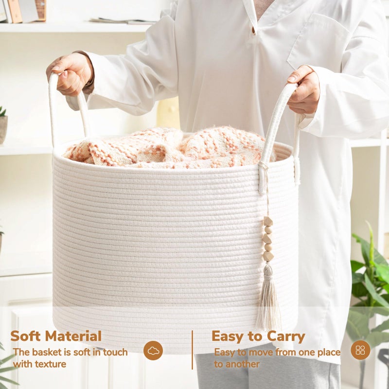 Goodpick Large Laundry Basket Decorative White Basket for Blankets, Baby Storage Basket for Nursery, Living Room, Bedroom, Big Rope Hamper 17.7 x 12.6 Inches, White - Image 4