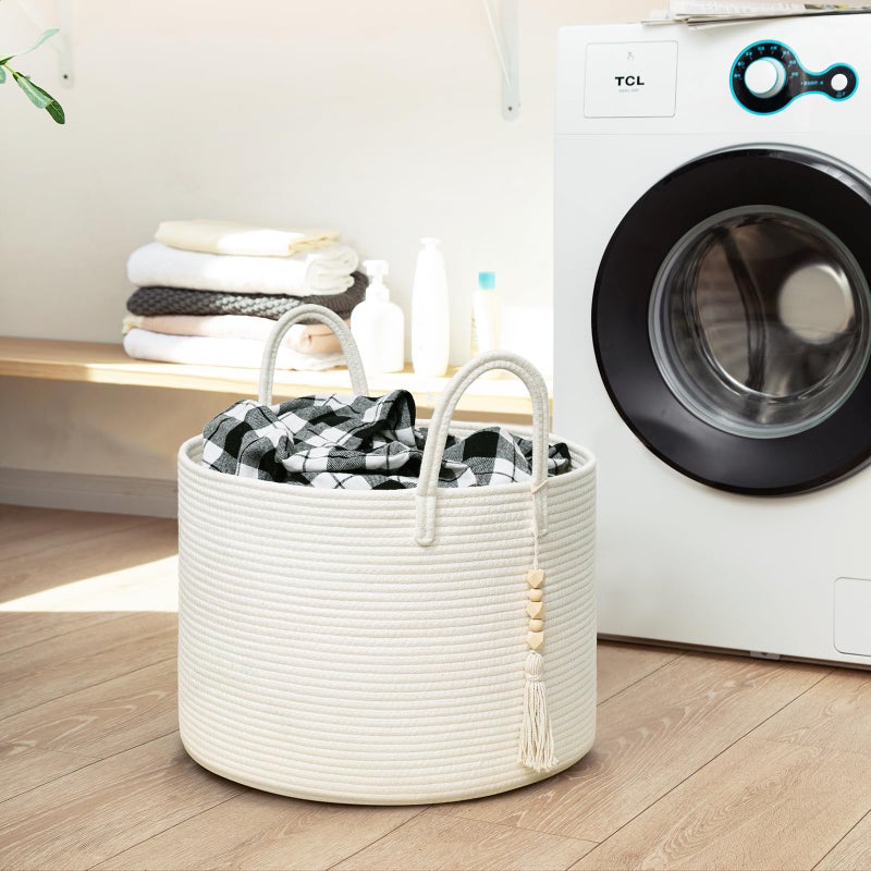 Goodpick Large Laundry Basket Decorative White Basket for Blankets, Baby Storage Basket for Nursery, Living Room, Bedroom, Big Rope Hamper 17.7 x 12.6 Inches, White - Image 5