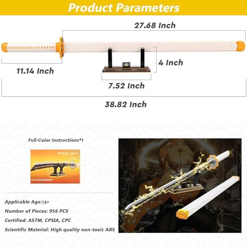 HIGH GODO Zenitsu Sword Building Set, 38.8in Demon Sword Set with Scabbard and Stand, Cosplay Anime Samurai Sword, Handmade Katana Toy Sword for Adults and Kids 8+ (956 Pieces) - Image 4